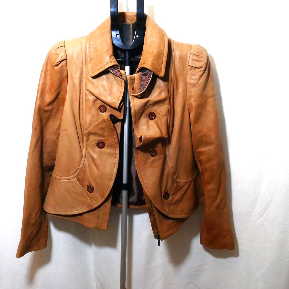 INC International Concepts Jacket Large Leather Ruffled Brown